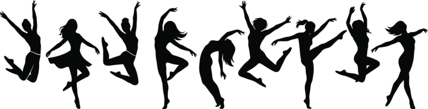 Dancing women silhouette set happy girl dancer jumping vector flat illustration isolated on white background