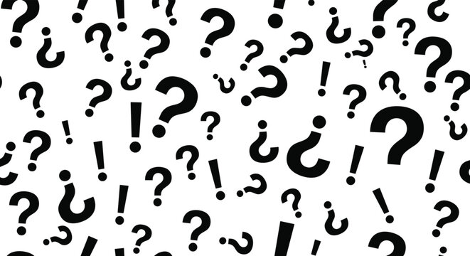 Background filled with various black question marks and exclamation points in different sizes and orientations for problem solving themes.
