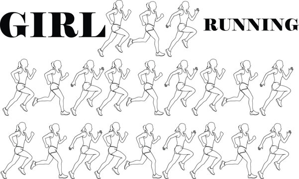 Girl running vector line art set with female athlete jogger silhouettes and animation frames isolated on white background