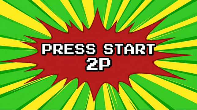 Retro Gaming Screen with Press Start 2P Text and Comic Burst Background