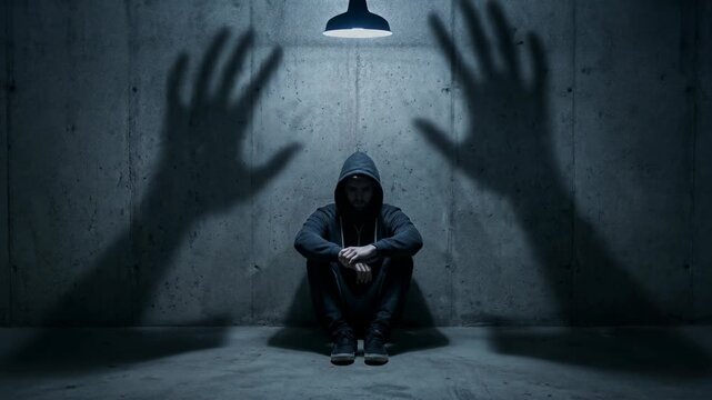 Lonely man sitting in dark room with shadow hands symbolizing anxiety and fear under single light