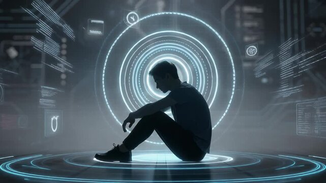 Silhouette of a person sitting surrounded by futuristic digital holograms and glowing technology interface