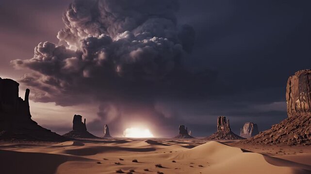 Dramatic desert landscape with a powerful thunderstorm and lightning
