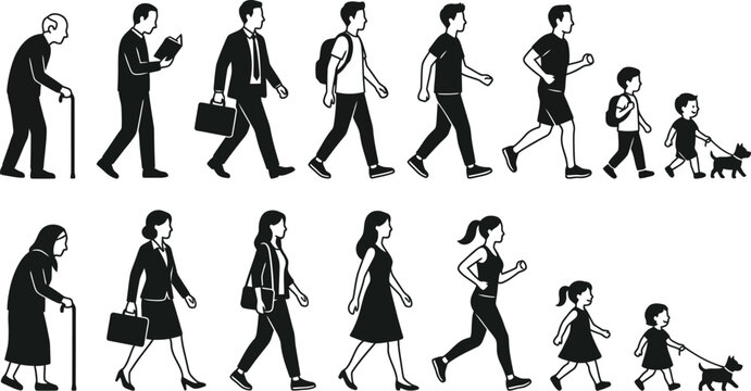 People silhouette set vector illustration with men and women characters of different ages walking and running isolated on white background