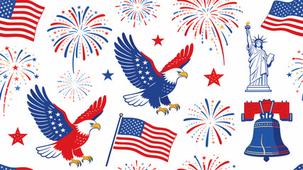 A vibrant patriotic illustration featuring American eagles, the Statue of Liberty, the Liberty Bell, and fireworks, celebrating national pride and independence. © Pitu