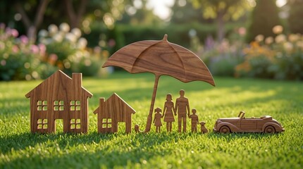 Plakat Wooden cutouts representing family, homes, and a car under an umbrella on green grass, symbolizing protection and insurance.