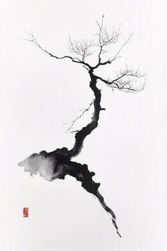 Elegant minimalist ink wash drawing of a solitary bare tree