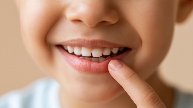 Close up of a happy child pointing to a missing baby tooth with a big smile.