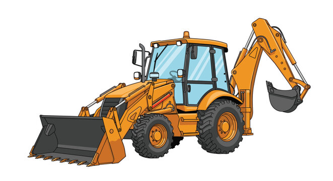 Modern yellow backhoe loader construction vehicle with a large front bucket and rear digger arm isolated on white.