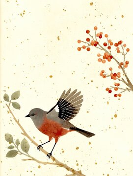 Watercolor textured cream background gold flecks small bird grey reddish brown underparts black beak on light brown branch from left right wing partially spread upwards white accents on primary feathe