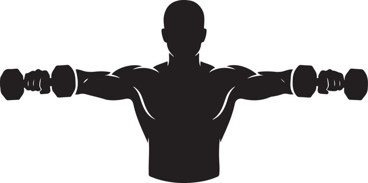 Man's silhouette performing dumbbell lateral raises against bright white background for fitness concept