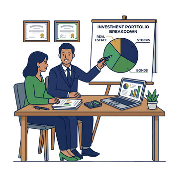 Professional financial advisor discussing investment portfolio strategy with client flat illustration in modern office