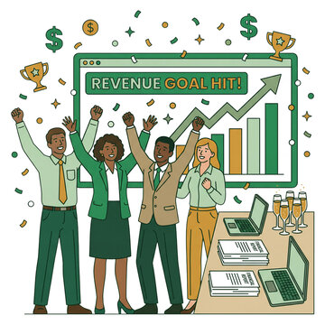 Diverse business team celebrating financial milestone and revenue growth success flat illustration in modern office
