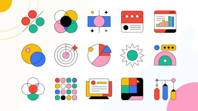 Vibrant collection of abstract geometric icons in a flat design style, illustrating concepts like data, analytics, and business.