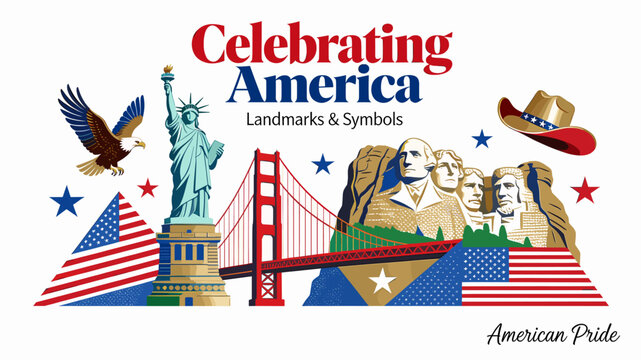Vibrant illustration celebrating American landmarks and symbols including the Statue of Liberty, Mount Rushmore, Golden Gate Bridge, and bald eagle.