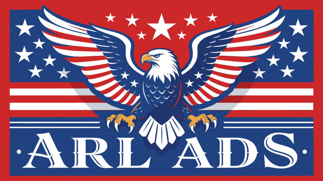 A patriotic American bald eagle with outstretched wings, set against a backdrop of stars and stripes, above the text 'ARL ADS' in a bold, vintage style.