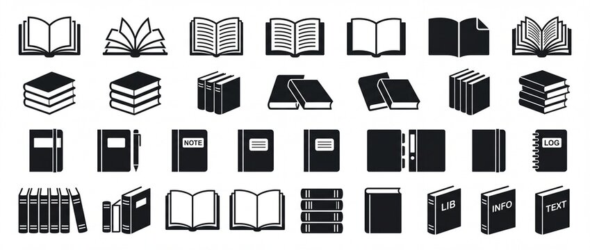 Diverse collection of book notebook and library icons minimalist flat vector glyphs for education publishing and digital interfaces