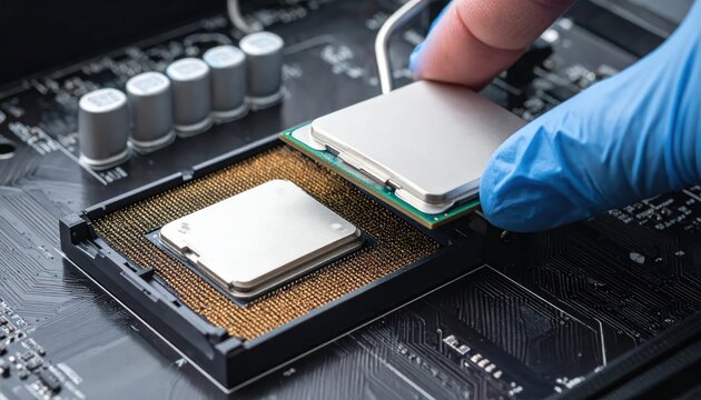 Gloved Hand Installing Computer Processor on Motherboard Socket in Close Up