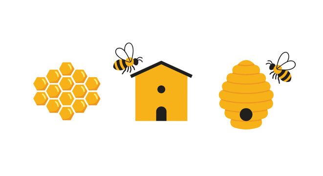 Collection of honey bee related icons including a hexagonal honeycomb, a wooden bee house, a traditional skep, and bees.