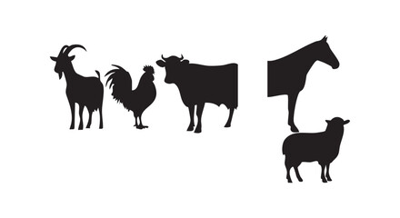 Obraz premium Farm animals silhouette set including goat rooster cow horse and sheep isolated on white background flat vector graphic.