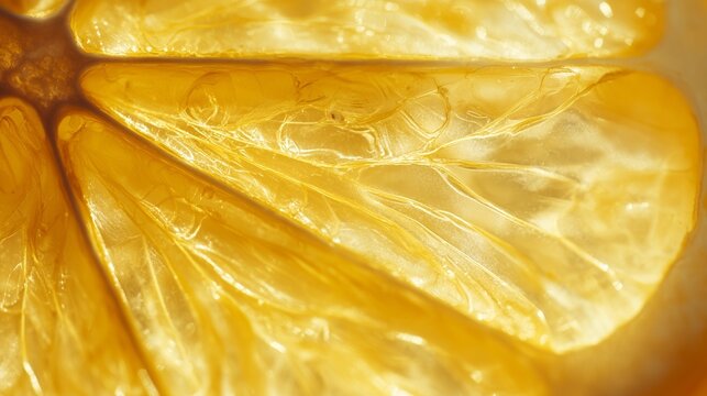 Extreme macro of a sliced lemon illuminated by bright sunlight