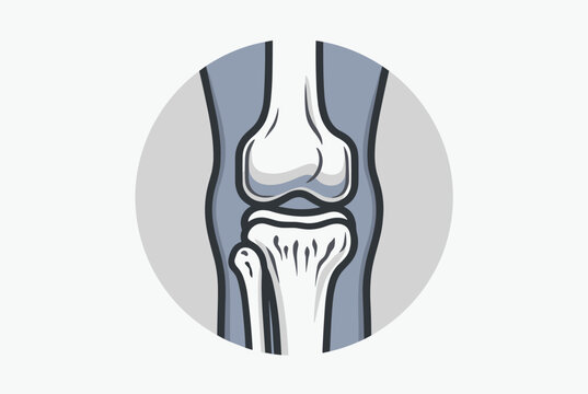 Circular anatomical diagram of human knee joint showing femur patella and tibia bones for medical orthopedic diagnosis and education.