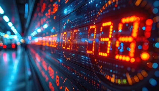 Glowing Digital Number Display Reflecting Along Futuristic Data Wall