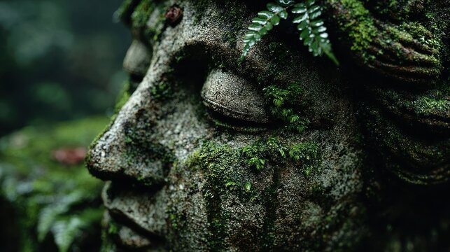 Stone face of a statue, partially covered with moss and foliage
