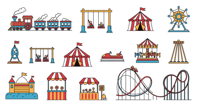 Large set of colorful amusement park icons including a train, Ferris wheel, roller coaster, carousel, and circus tent illustrations.