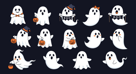 Obraz premium Collection of adorable cartoon ghost characters in various playful poses and costumes celebrating halloween with pumpkins and banners.