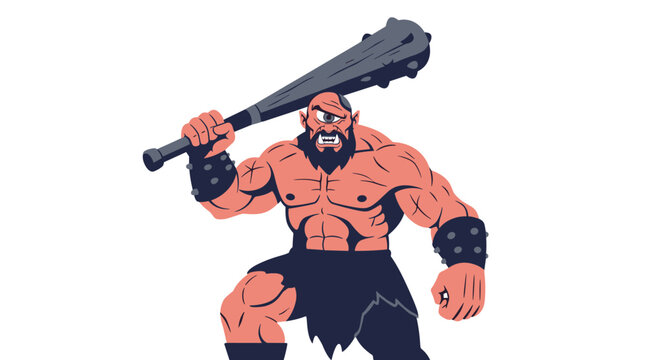 Powerful muscular cyclops monster character with a single eye holding a large spiked wooden club on a white background.