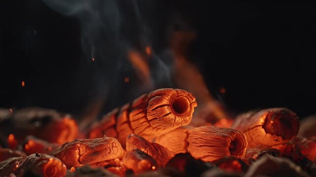 Close-up view of glowing embers and smoke rising from burning wood