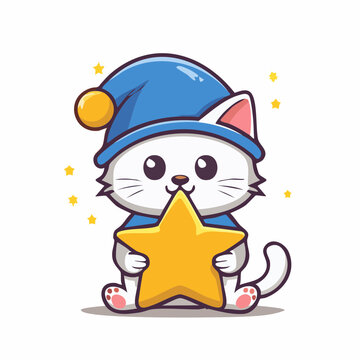 Cute cartoon cat wearing a nightcap holding a star