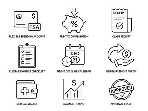 Financial Icons: FSA, Piggy Bank, Receipt, Calendar and More