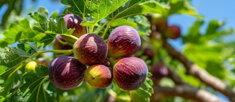 Ripe figs growing on fig tree branch under sun
