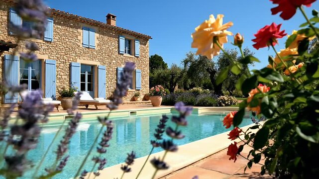Rustic stone villa with blue shutters, surrounded by olive trees and pool