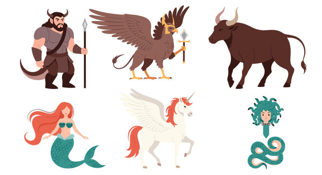 Set of mythical creatures including a minotaur griffin mermaid pegasus medusa and a brown bull on white background.