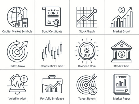 Financial icons representing investment and trading concepts
