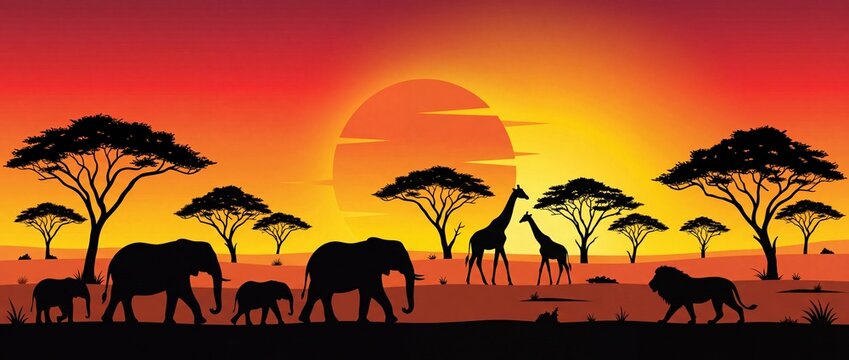 African safari wildlife silhouettes at sunset featuring elephants giraffes and a lion perfect for travel and nature designs