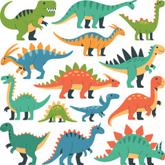 Colorful dinosaur collection illustration, cute prehistoric cartoon reptiles vector set for children educational design © MdMajnur