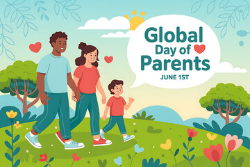 Fototapeta premium Global day of parents illustration with family walking in a park on june 1st with hearts and flowers