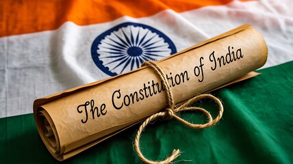 Fototapeta premium Indian constitution document on national flag representing democracy and legal governance