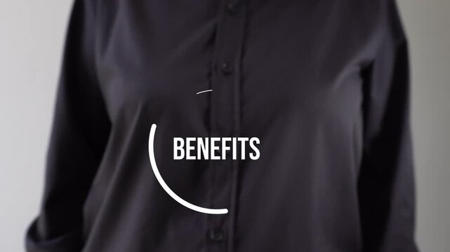 Businessperson pointing to an animated button with the word "Benefits"