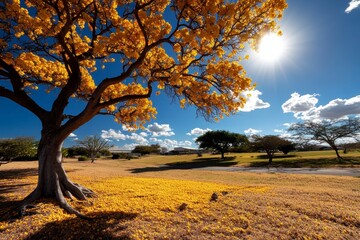 Fototapeta premium Golden trumpet-shaped flowers of yellow jacaranda on bare branches in a cinematic wide-angle view