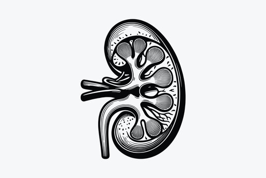 Detailed black and white engraving of a human kidney shows the internal anatomical structure including the renal cortex.