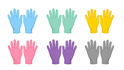 Fototapeta premium Collection of colorful medical examination gloves in blue green yellow pink purple and gray