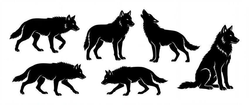 Set of black wolf silhouettes a minimalist vector illustration in various poses for wildlife branding and nature-themed designs isolated on white back
