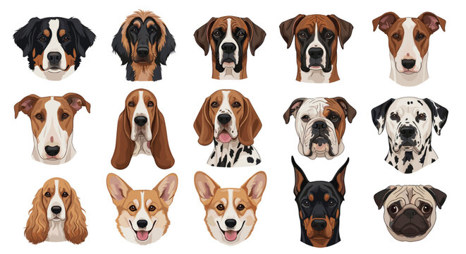 Set of various dog breed portraits showing detailed faces of pets like corgi pug doberman and dalmatian on white.