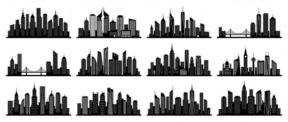 Obraz premium Various city skylines in black silhouette a minimalist vector collection ideal for web design app interfaces and urban concepts