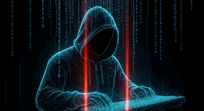 Abstract cyber security concept with hacker in front of a keyboard surrounded by digital code
